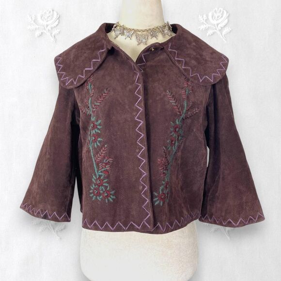 Spiegel Jackets & Blazers - 90s Whimsygoth Boho Floral Embroidered Bolero Suede Leather Cape Jacket 8 / M